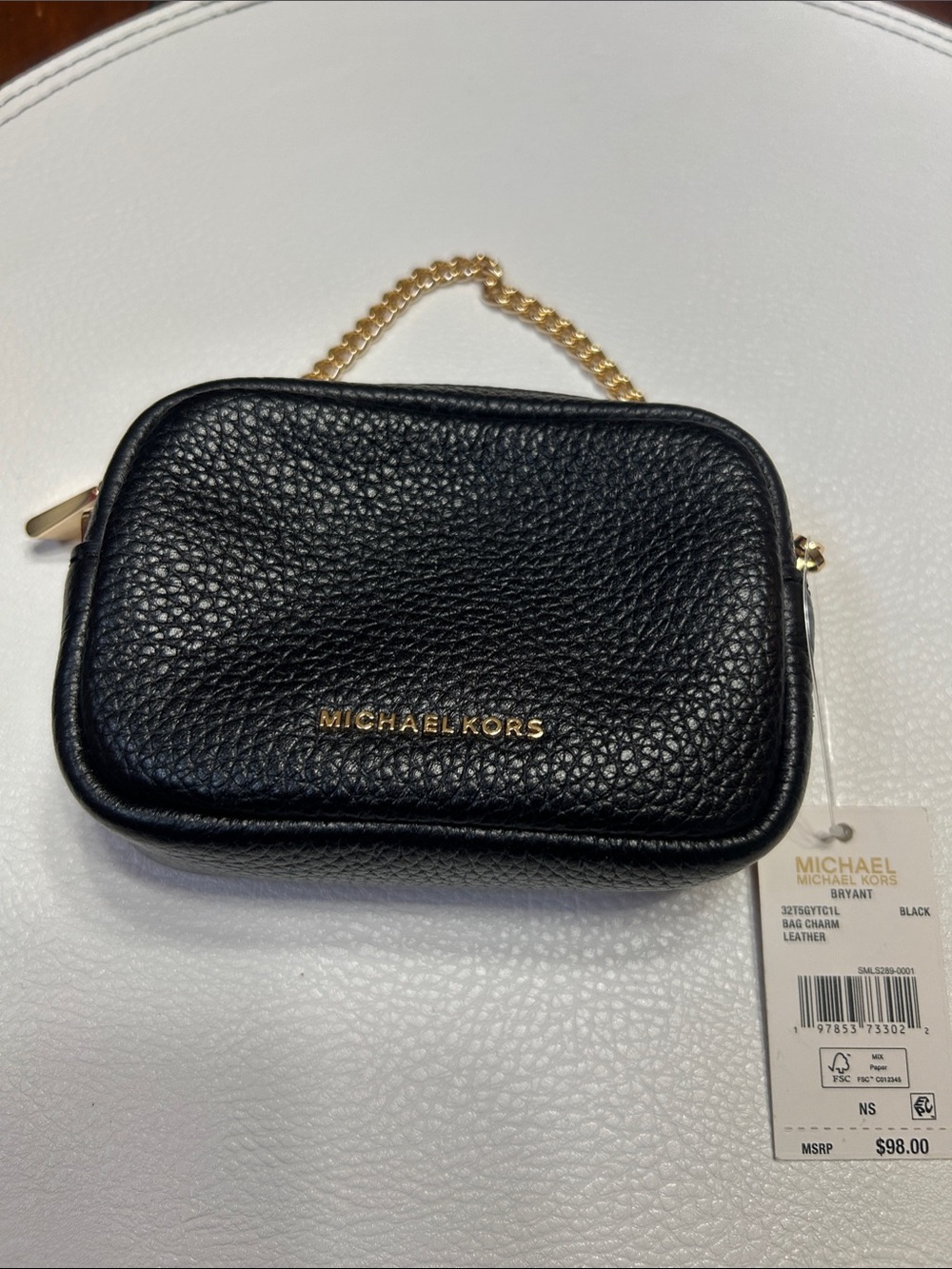 Michael Kors Black Pebbled Leather Bag Charm with Gold Chain